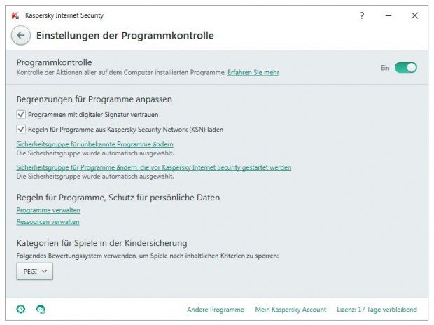 Kaspersky Internet Security 2016 - Einstellungen für die Programmkontrolle (Bild: Kaspersky Lab)